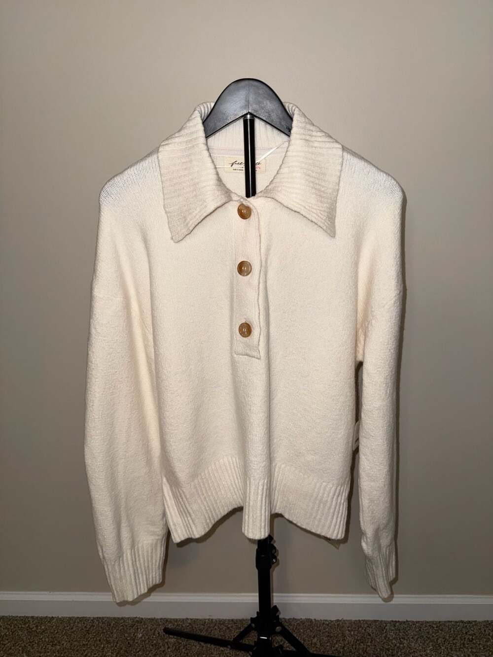 Free People Ivory Trading Up Polo (Button-Front Collared Sweater) Size XL